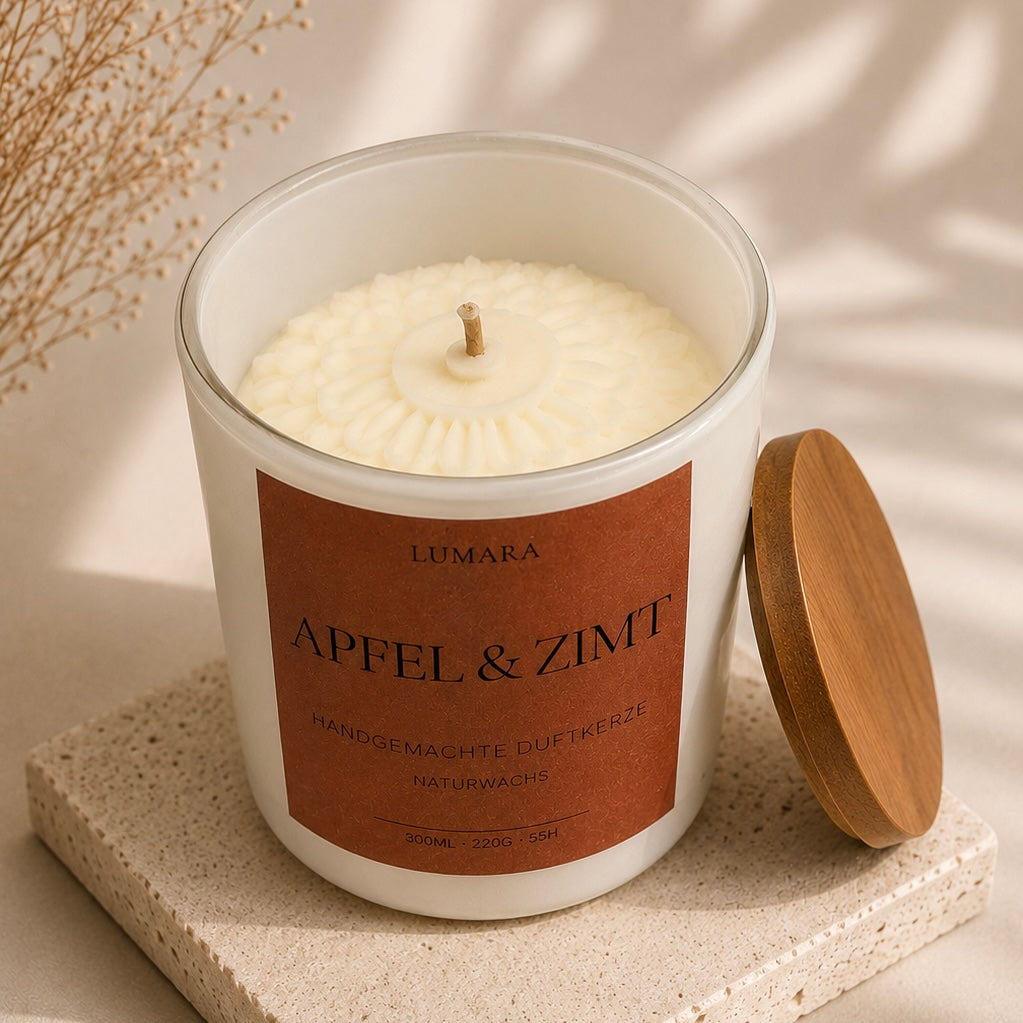 Lumara Duftkerze Apfel & Zimt mit Relief und Holzdeckel